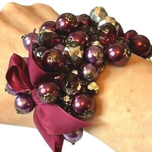 NWT Cha Cha Charm Beaded Cluster Bracelet Burgundy Purple Multi Strand Statement